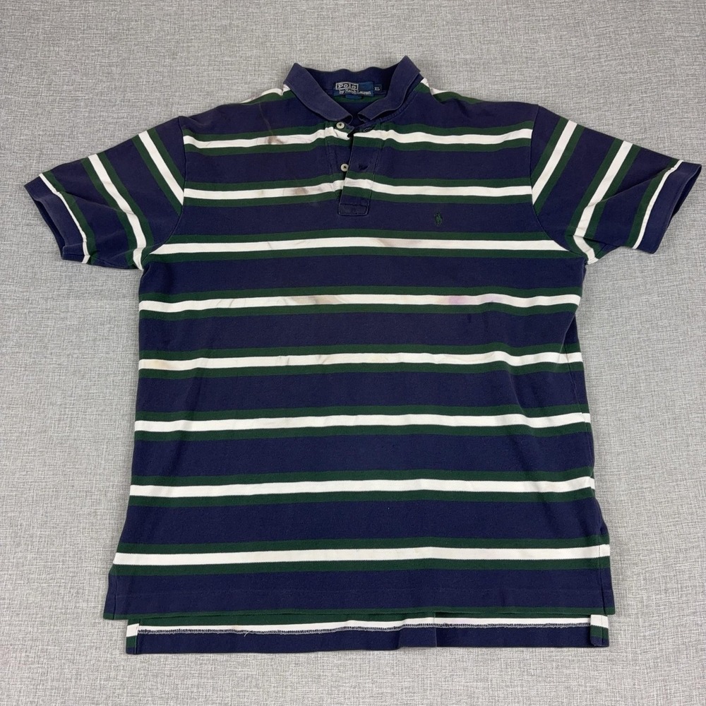 Vintage Ralph Lauren Polo Shirt Mens XL Blue‎ Green Striped Cotton Short Sleeve